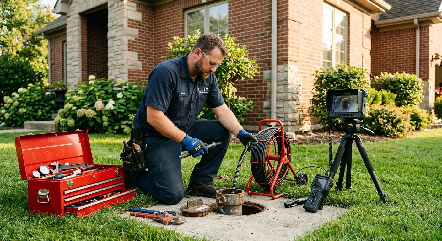 Sewer specialist with camera equipment servicing a cleanout in Manhattan
