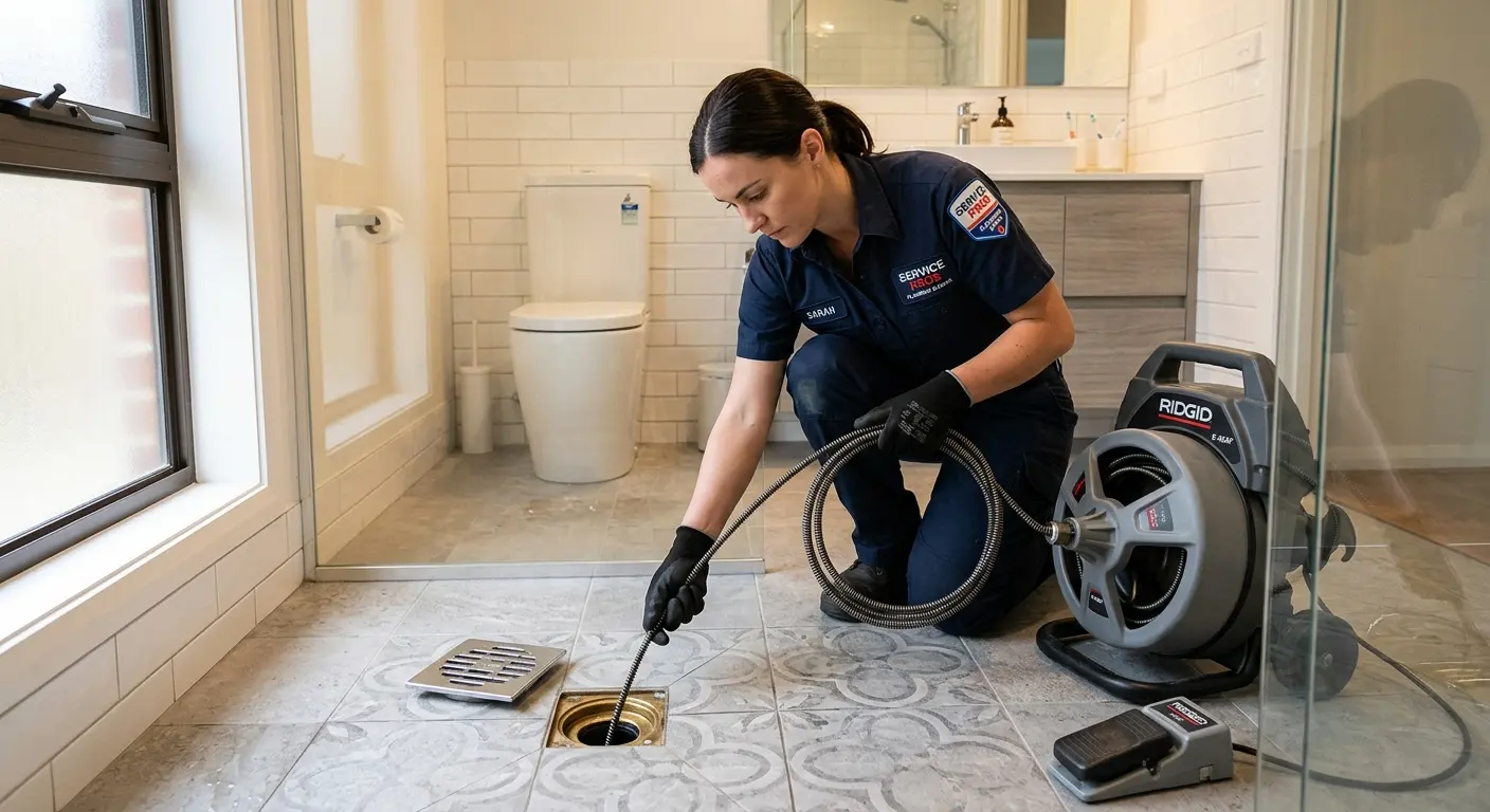 Technician clearing a bathroom floor drain for Sewer Line Installation in Manhattan